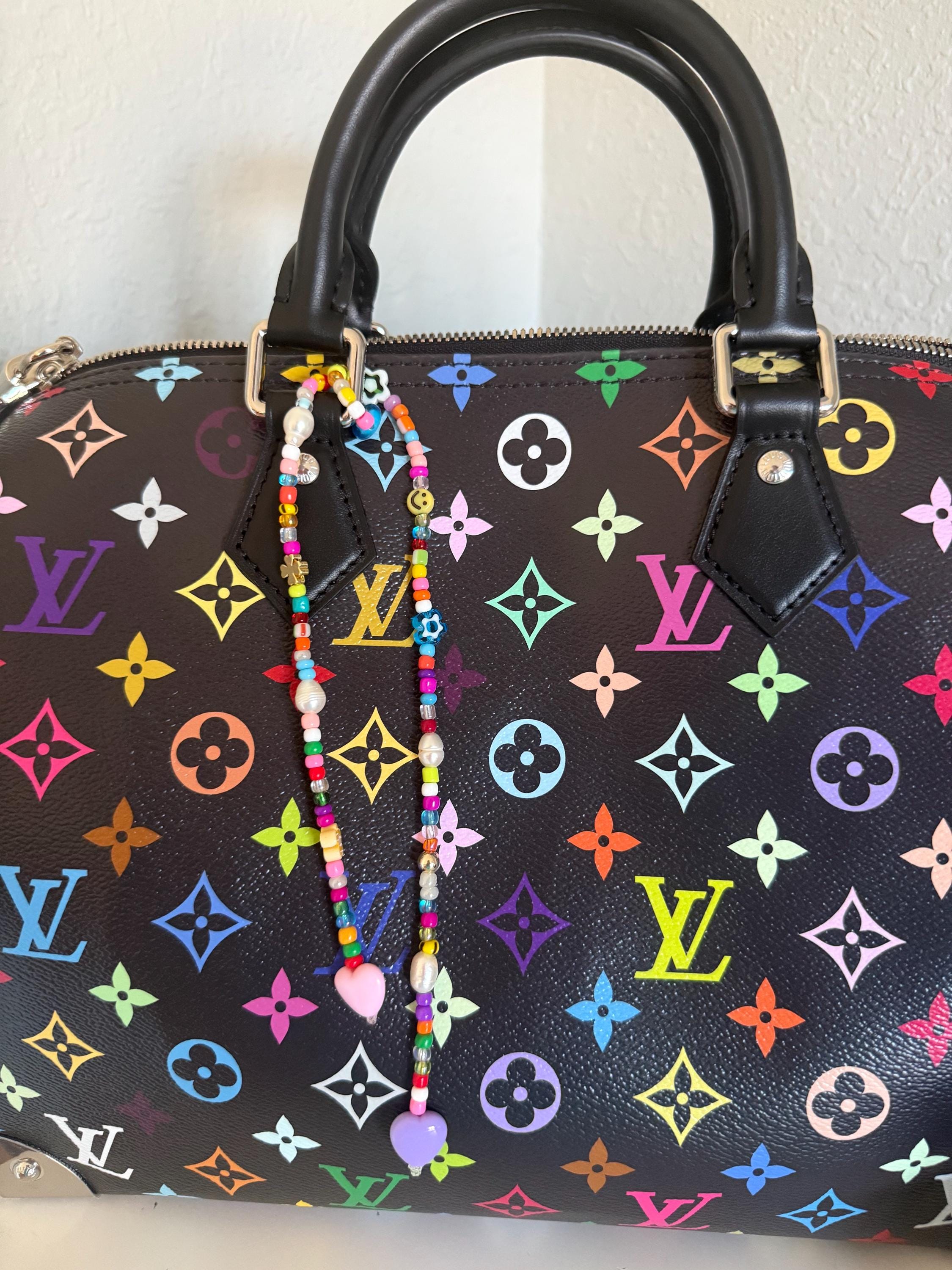 Colorful Evil Eye Bag Charm – Handmade Beaded Handbag Charm with Smiley, Freshwater Pearls & Hearts