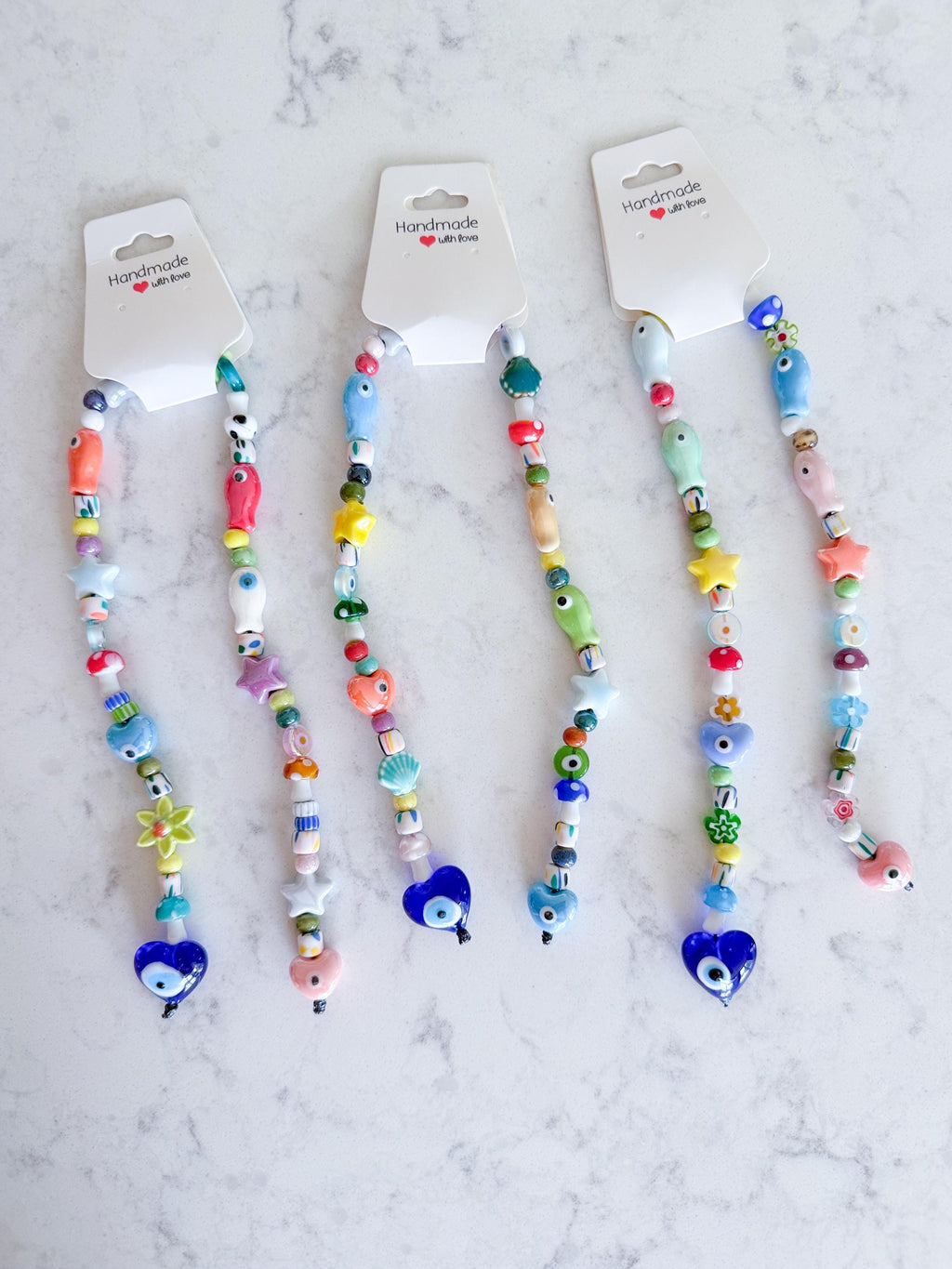 Handmade Ceramic Beaded Bag Charm – Evil Eye, Fish & Mushroom