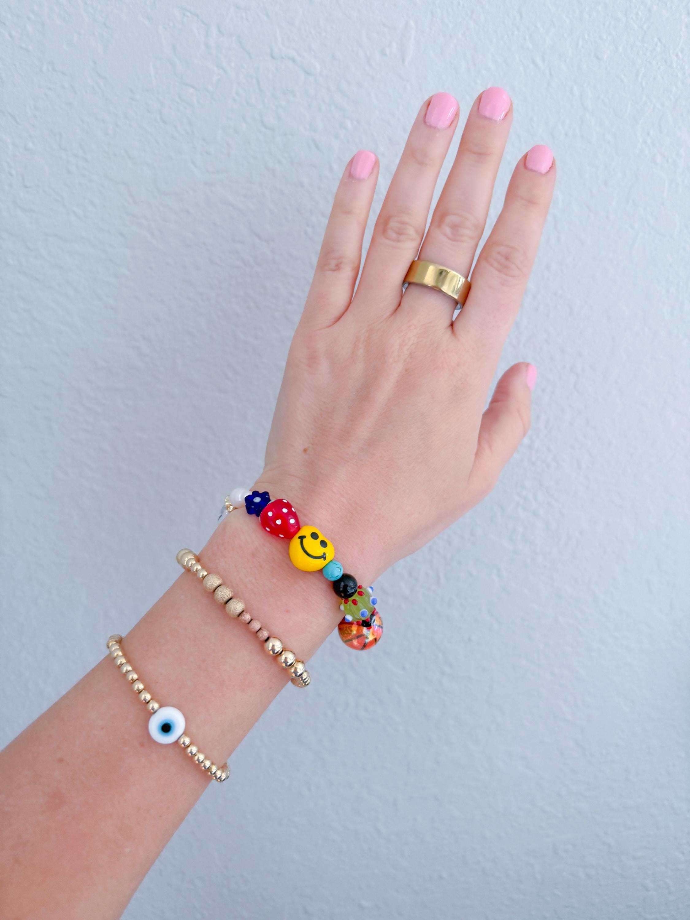 Chunky Beaded Bracelet, Freshwater Pearl, Turquoise, Evil Eye, Hamsa, Smiley Charm, Sports, Hamsa