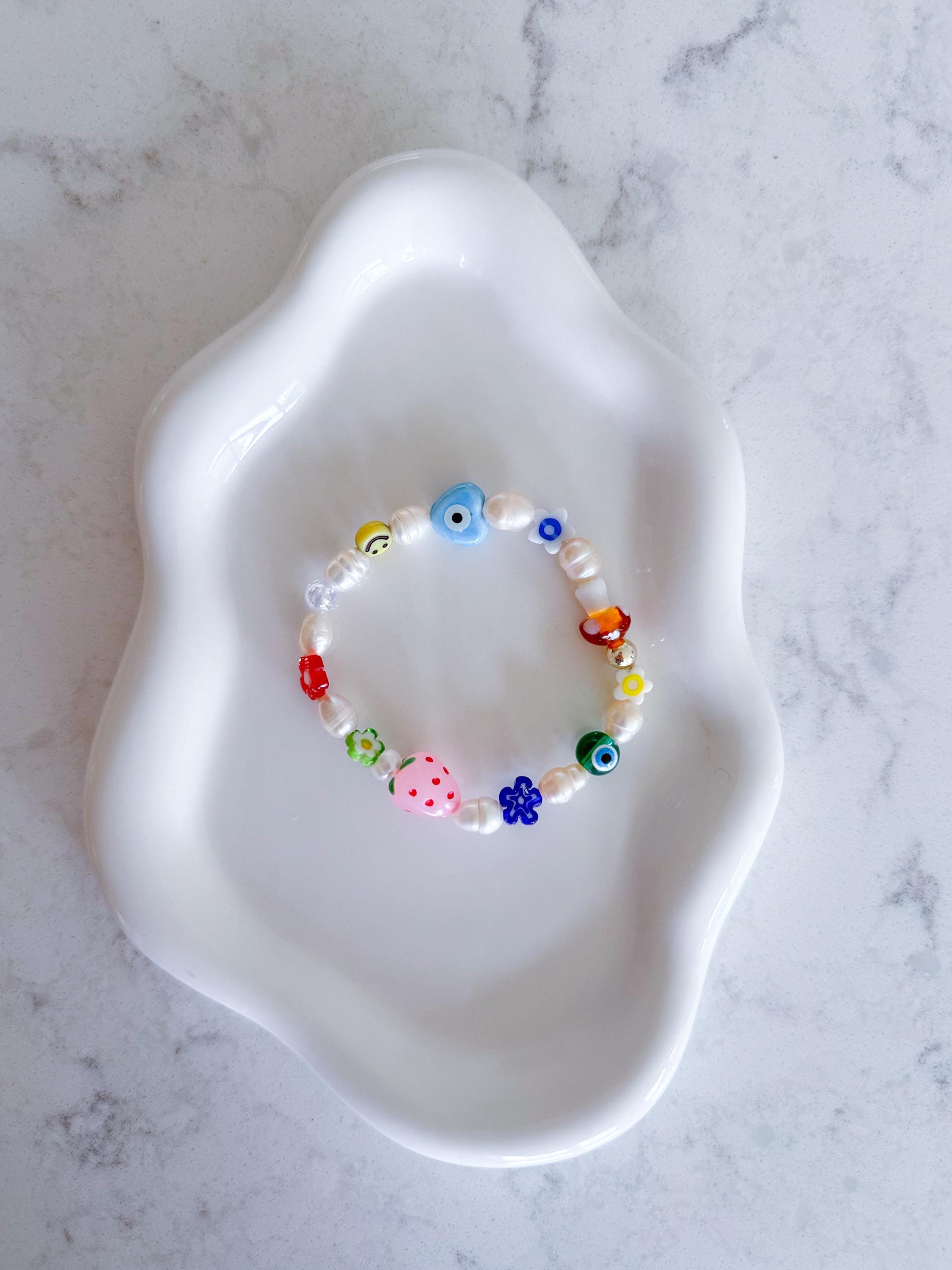 Freshwater Pearl Bracelet, Evil Eye, Smiley, Strawberry Charm, Gold Plated Beads