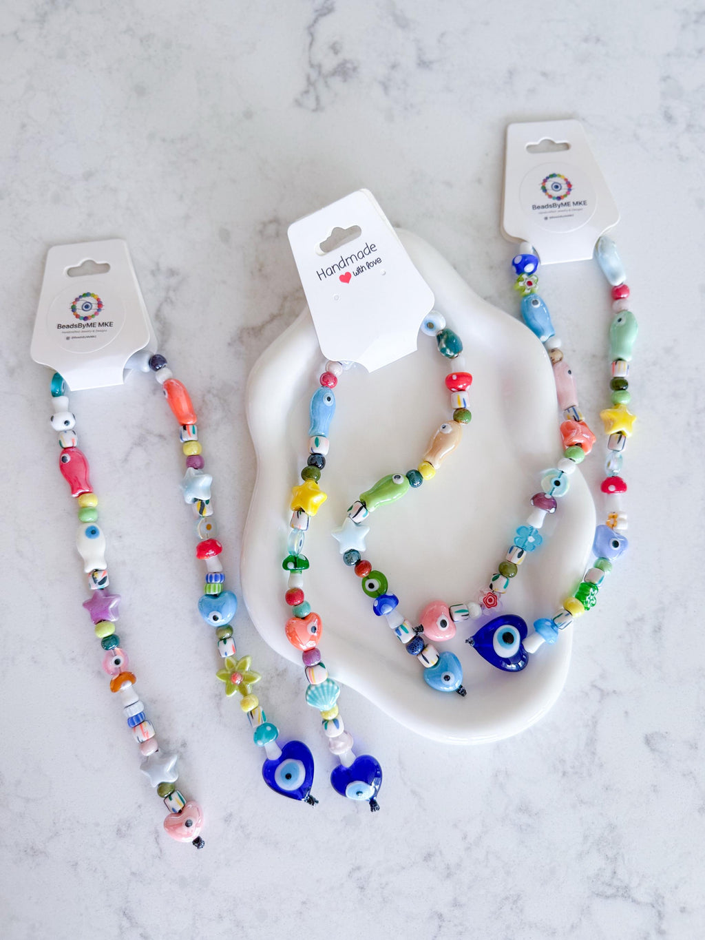 Handmade Ceramic Beaded Bag Charm – Evil Eye, Fish & Mushroom