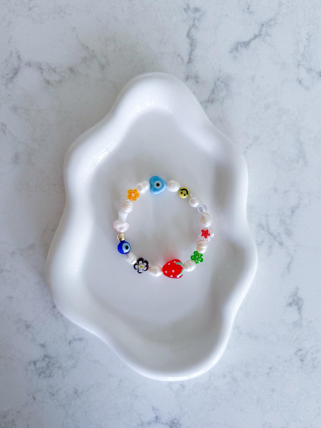 Freshwater Pearl Bracelet, Evil Eye, Smiley, Strawberry Charm, Gold Plated Beads