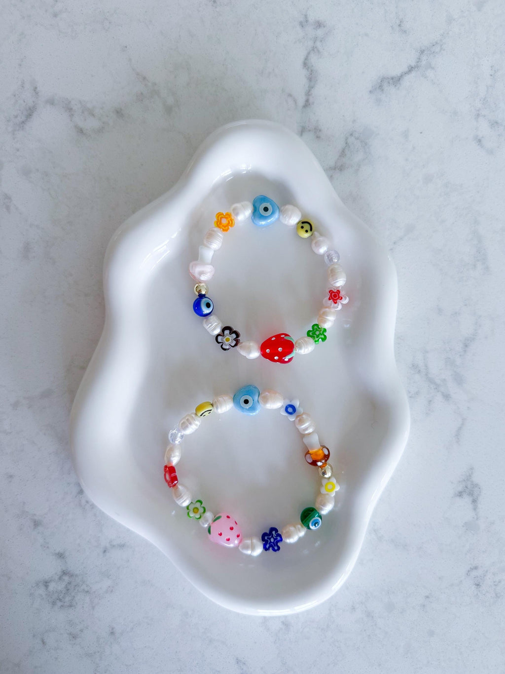 Freshwater Pearl Bracelet, Evil Eye, Smiley, Strawberry Charm, Gold Plated Beads