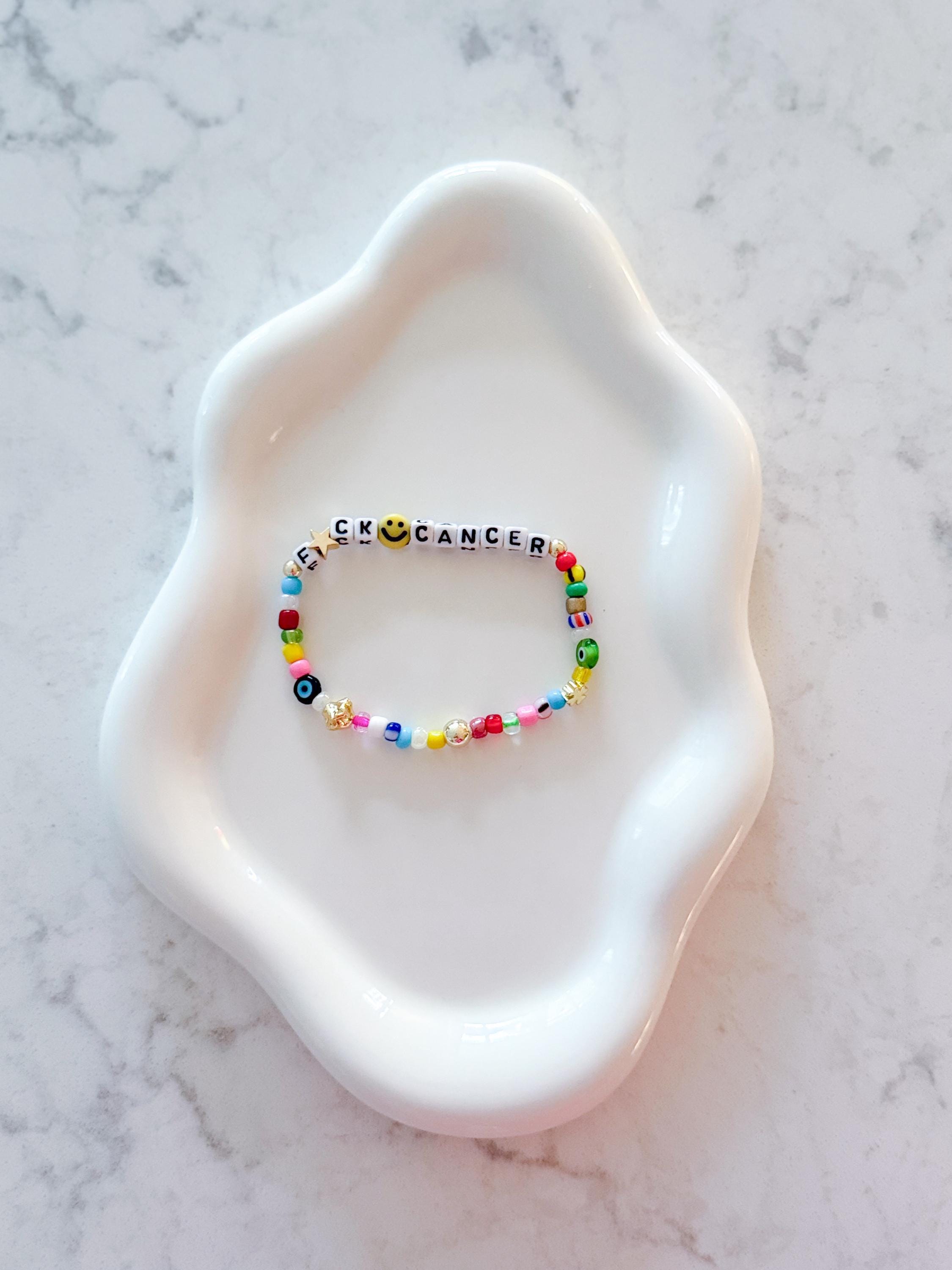 Fuck Cancer Bracelet Gold Plated Smiley Beaded Bracelet Strong AF Jewelry Motivational Bracelet Cancer Support Gift Survivor Gift