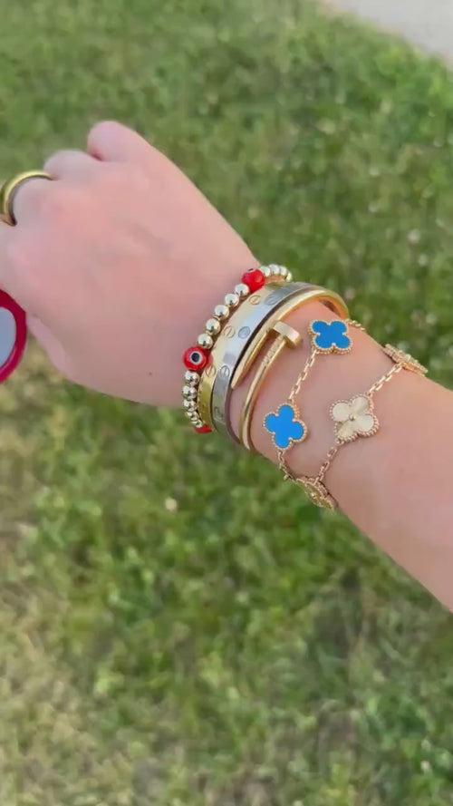 14kt Gold-Plated Beaded Bracelet with Five Glass Evil Eye Charms, Gold-Plated Beads