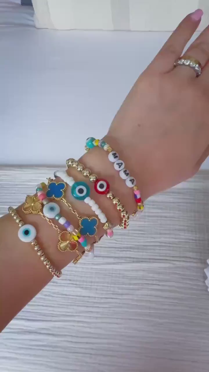 Mama Bracelet: Gold Plated Beads, Pearl, Pink Evil Eye, Motherhood Keepsake