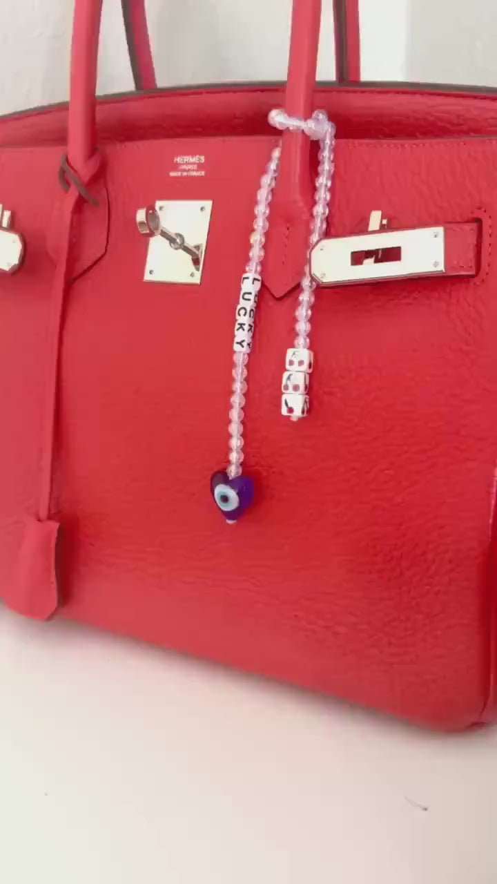 Handmade Iridescent Beaded Bag Charm – Lucky Evil Eye, Cherries
