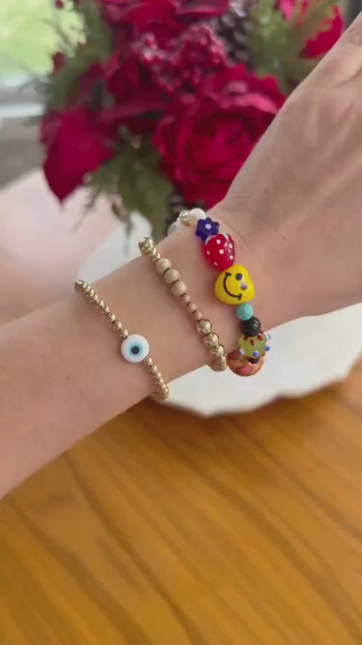 Chunky Beaded Bracelet, Freshwater Pearl, Turquoise, Evil Eye, Hamsa, Smiley Charm, Sports, Hamsa