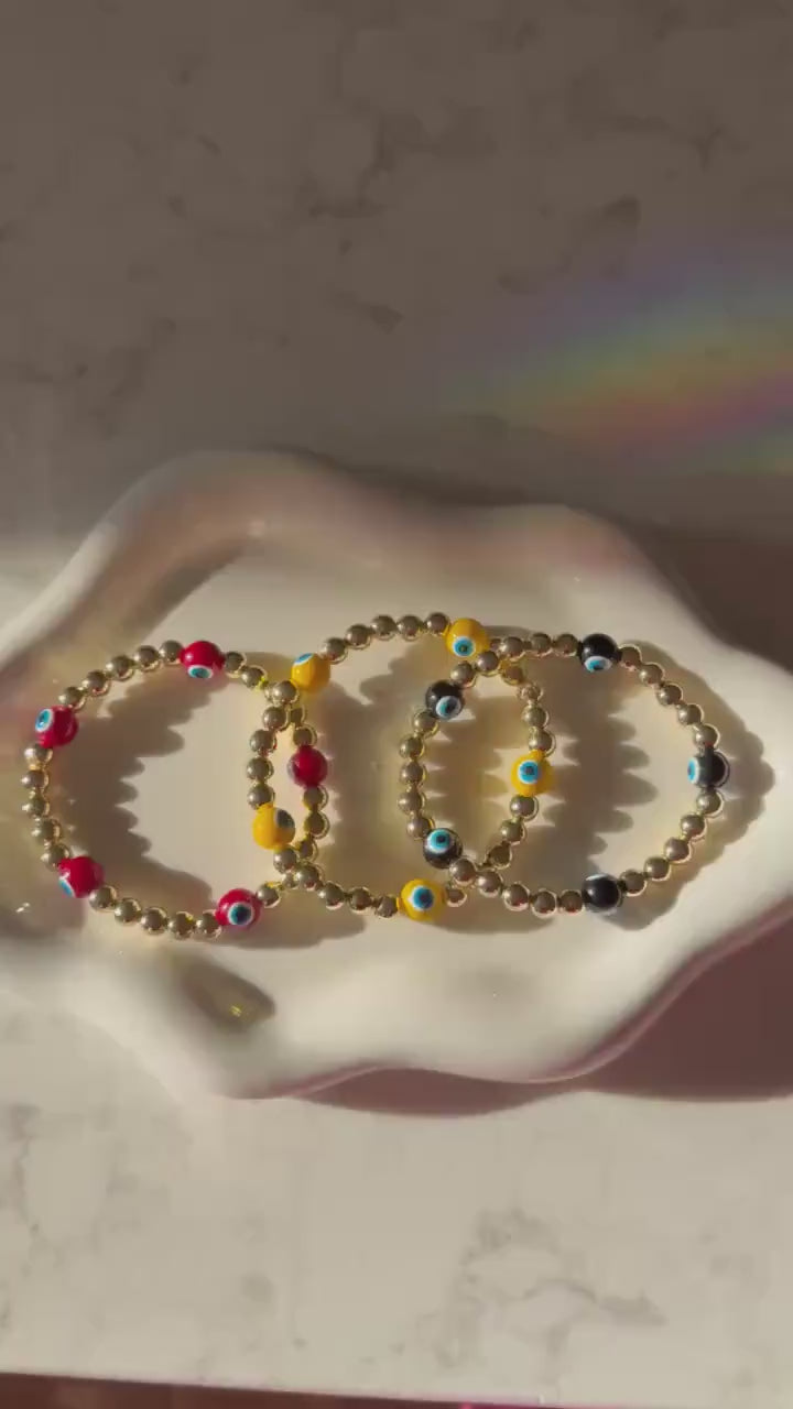 14kt Gold Plated Beaded Bracelet with Five Glass Evil Eye Charms